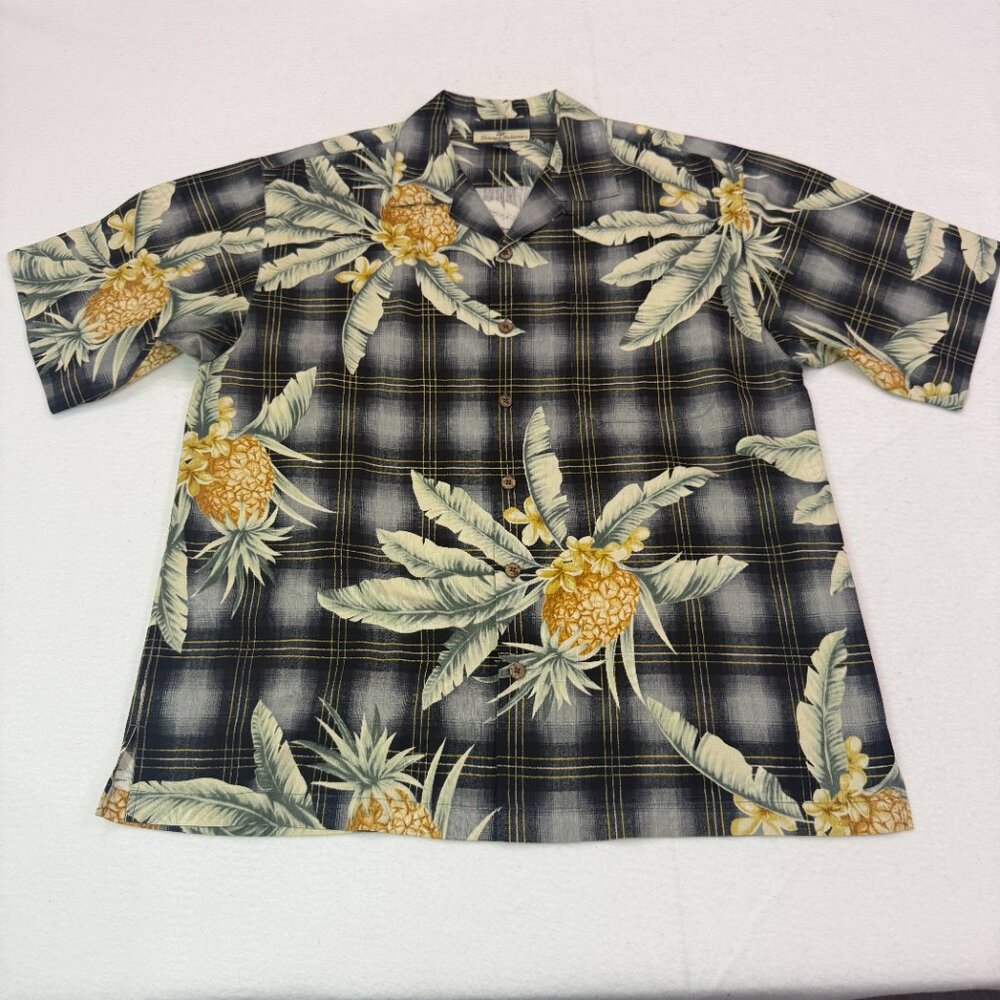 Tommy Bahama Mens Large 100% Silk Tropical Leaf Shirt Black Yellow Pineapple